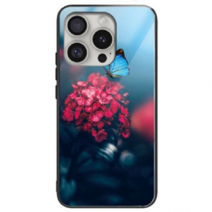 Coque iPhone 16 Pro Max Verre Trempé Fleurs et Papillon Bleu