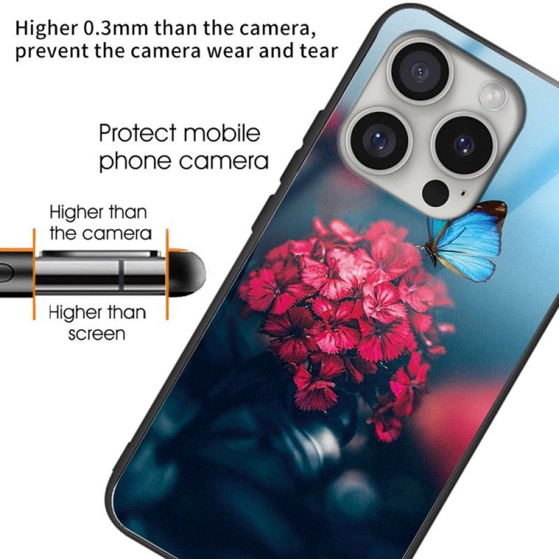 Coque iPhone 16 Pro Max Verre Trempé Fleurs et Papillon Bleu