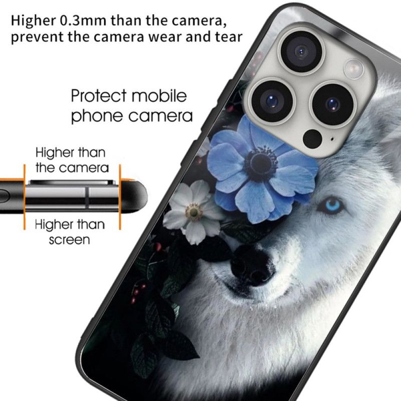 Coque iPhone 16 Pro Max Verre Trempé Loup et Fleur Bleue