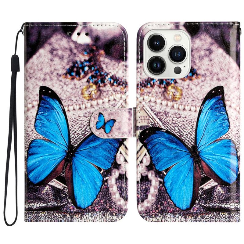 Housse iPhone 16 Pro Max Papillon Bleu à Lanière