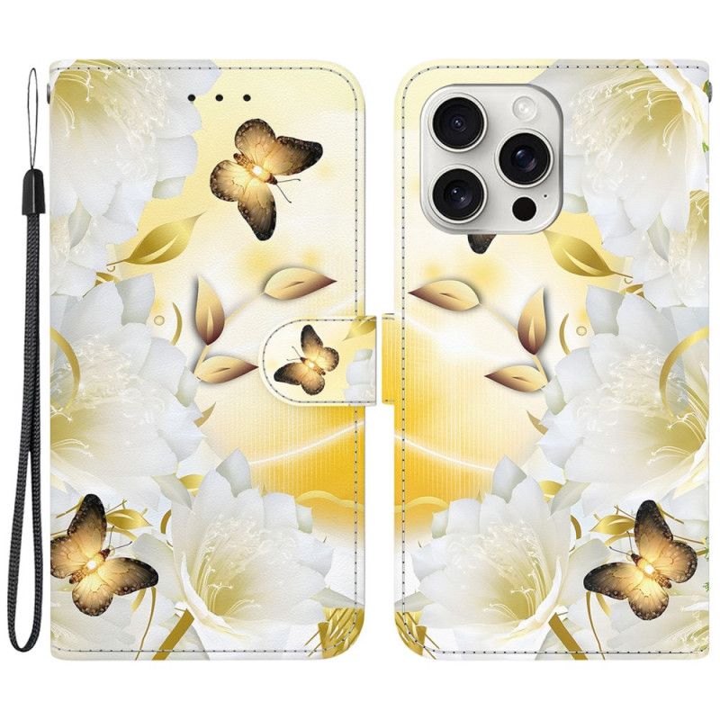 Housse iPhone 16 Pro Max Papillons Dorés et Fleurs à Lanière