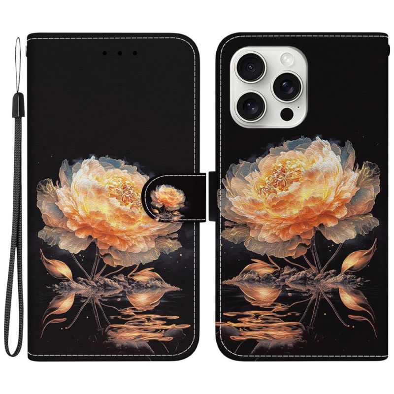 Housse iPhone 16 Pro Max Pivoine Dorée à Lanière