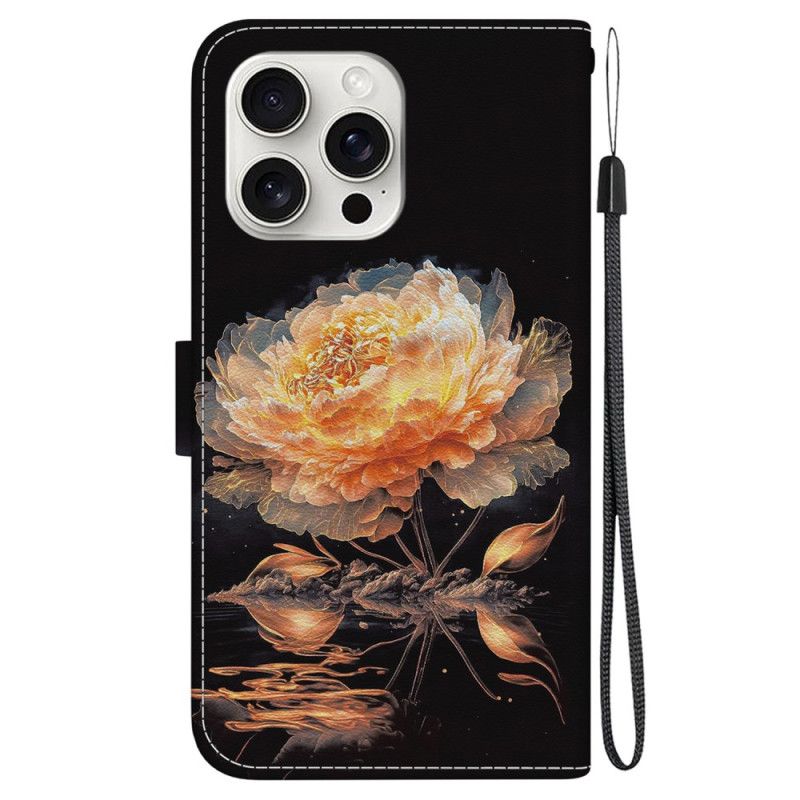 Housse iPhone 16 Pro Max Pivoine Dorée à Lanière