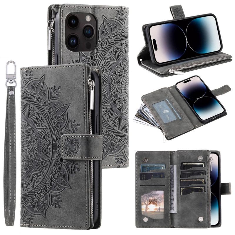 Housse iPhone 16 Pro Max Portefeuille Effet Daim Mandala