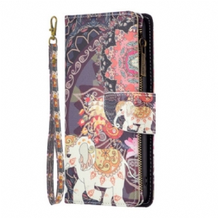 Housse iPhone 16 Pro Max Portefeuille Éléphant Tribal à Lanière