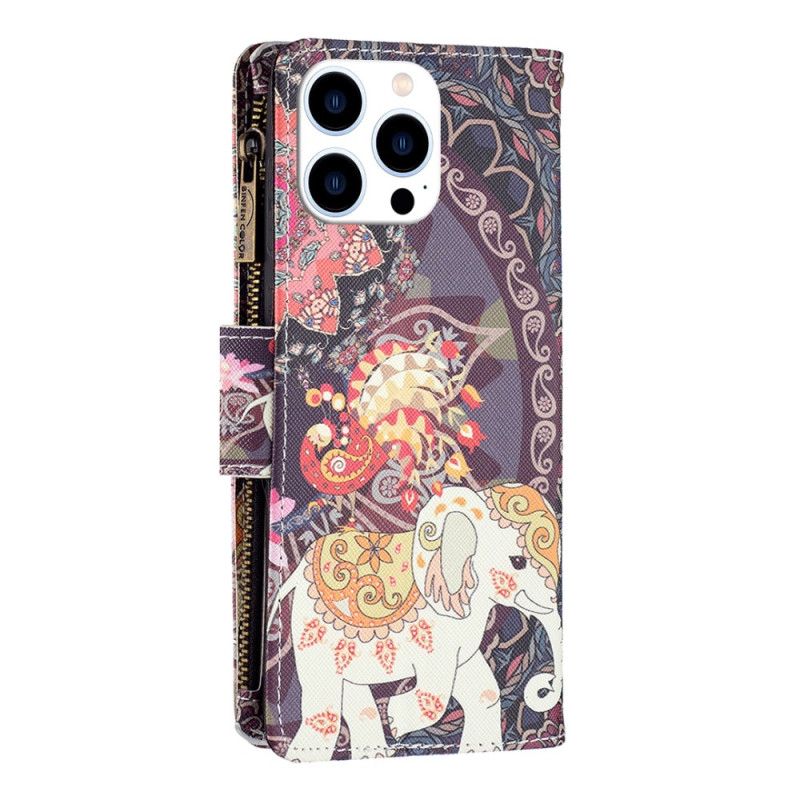 Housse iPhone 16 Pro Max Portefeuille Éléphant Tribal à Lanière