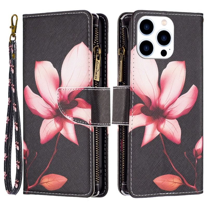 Housse iPhone 16 Pro Max Portefeuille Fleur Rose sur Fond Noir