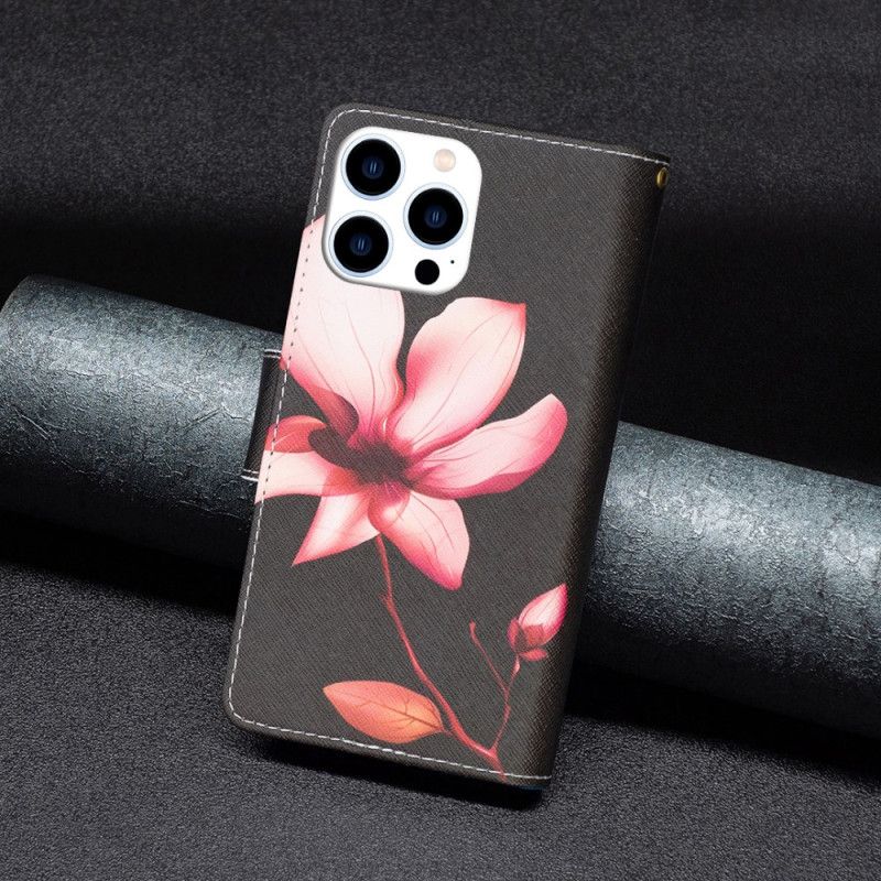 Housse iPhone 16 Pro Max Portefeuille Fleur Rose sur Fond Noir