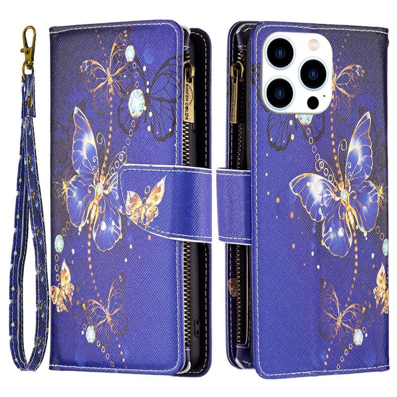 Housse iPhone 16 Pro Max Portefeuille Papillons Violets à Lanière