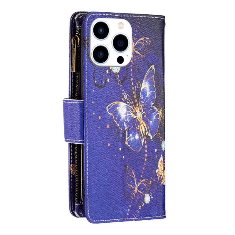 Housse iPhone 16 Pro Max Portefeuille Papillons Violets à Lanière