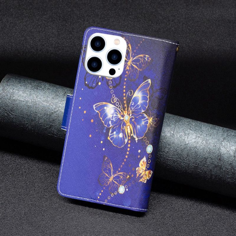 Housse iPhone 16 Pro Max Portefeuille Papillons Violets à Lanière