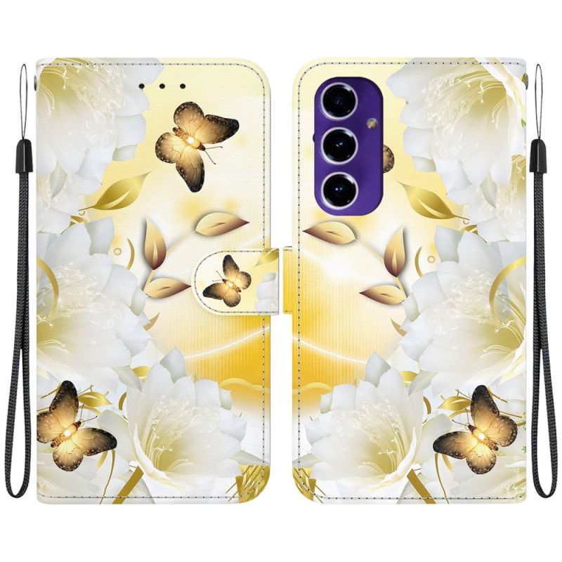 Housse Samsung Galaxy A16 4G / 5G Papillon Doré et Fleurs Blanches