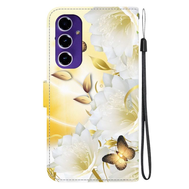 Housse Samsung Galaxy A16 4G / 5G Papillon Doré et Fleurs Blanches