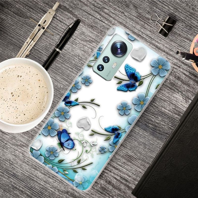 Coque Xiaomi 12 / 12X Papillons et fleurs bleus