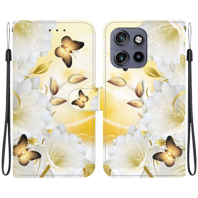 Housse Motorola Edge 50 Neo Papillons Dorés et Fleurs Blanches