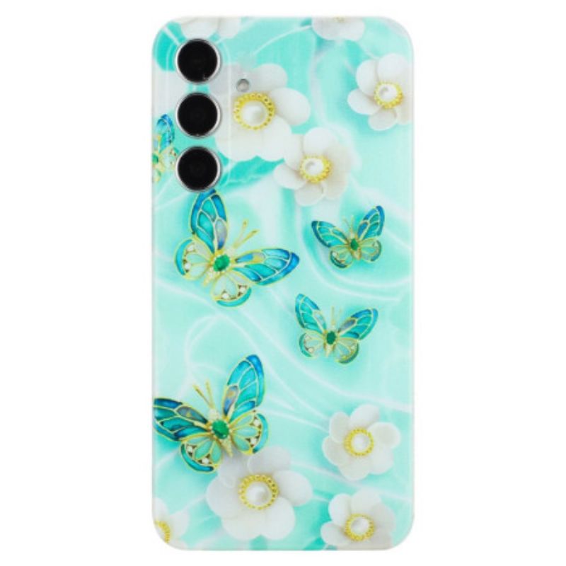 Coque Samsung Galaxy S24 FE Fleurs Blanches et Papillons Verts