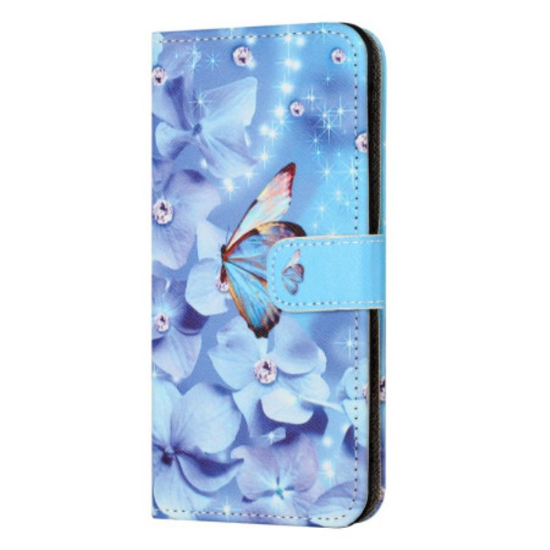 Housse Samsung Galaxy S24 FE Fleurs et Papillons Bleus à Lanière