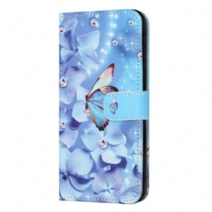 Housse Samsung Galaxy S24 FE Fleurs et Papillons Bleus à Lanière