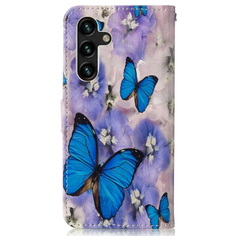 Housse Samsung Galaxy S24 FE Fleurs Violettes et Papillons Bleus