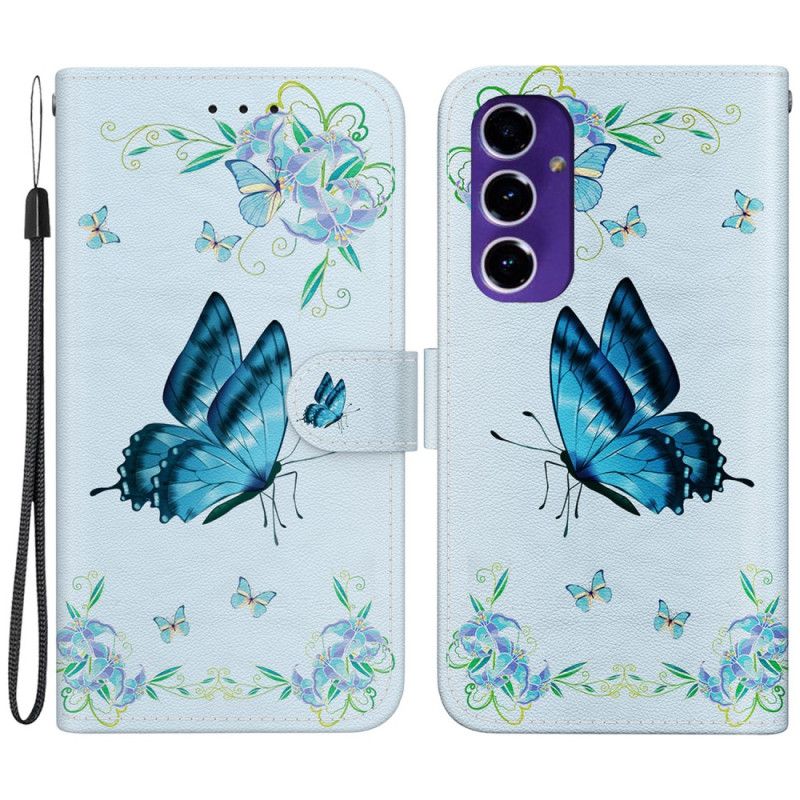 Housse Samsung Galaxy S24 FE Papillon Bleu et Fleurs à Lanière