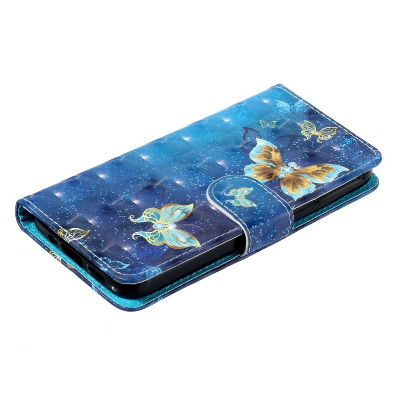 Housse Samsung Galaxy S24 FE Papillons Bleus et Or à Lanière