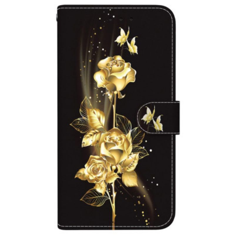 Housse Samsung Galaxy S24 FE Papillons Dorés et Roses à Lanière