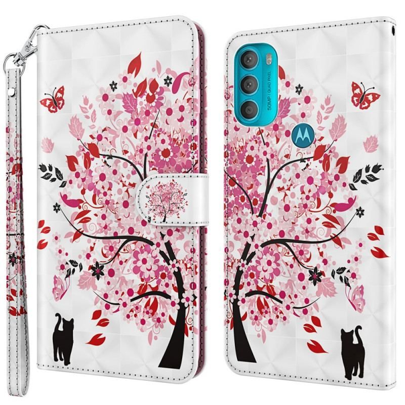 Housse Moto G71 5G Arbre Rose et Chat Noir