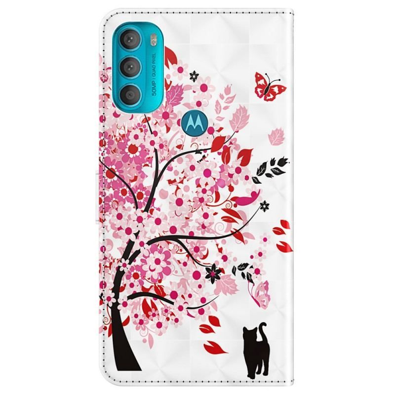 Housse Moto G71 5G Arbre Rose et Chat Noir