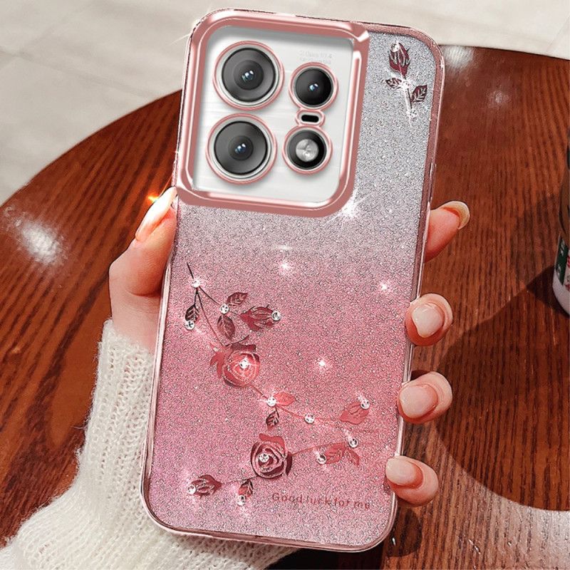 Coque Motorola Edge 50 Pro 5G Fleurs et Strass à Lanière KADEM