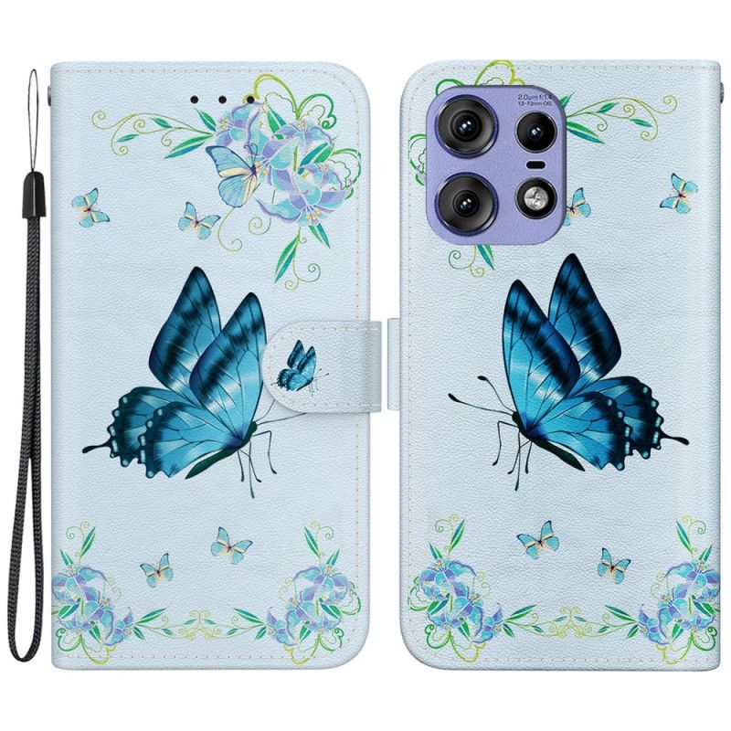 Housse Motorola Edge 50 Pro Papillon Bleu et Fleurs à Lanière