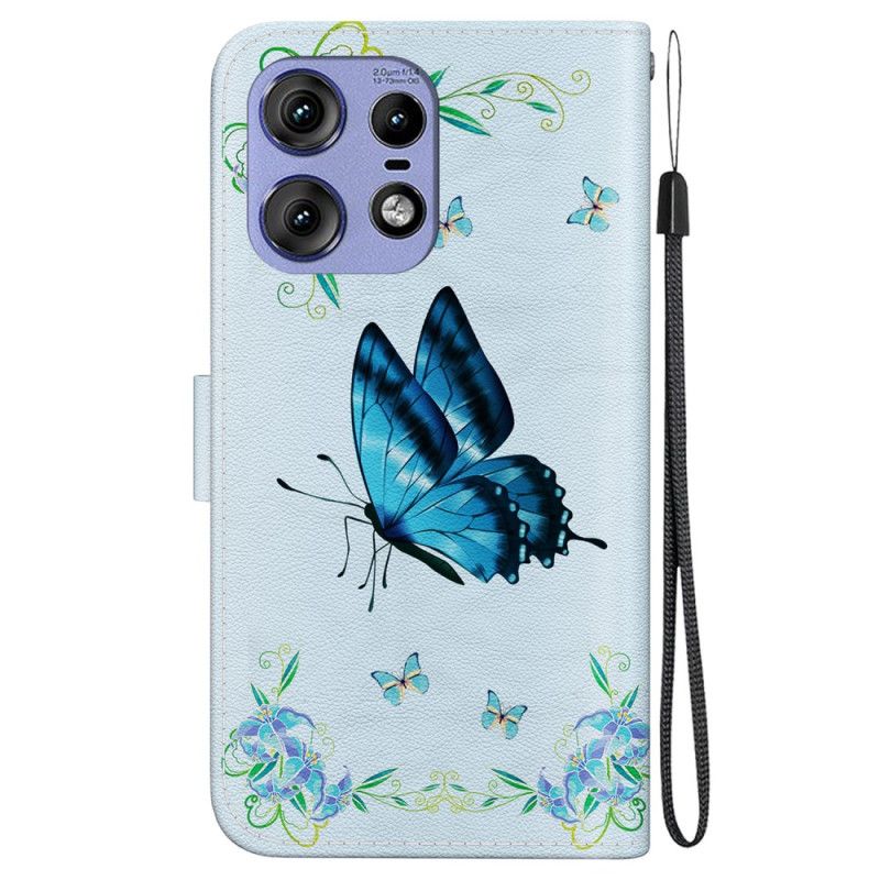 Housse Motorola Edge 50 Pro Papillon Bleu et Fleurs à Lanière