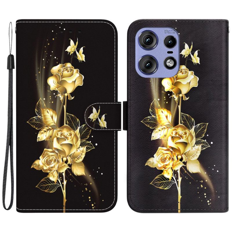 Housse Motorola Edge 50 Pro Papillons Dorés et Roses à Lanière