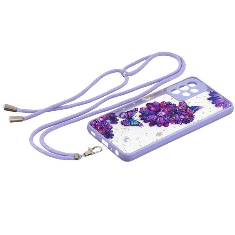 Coque Samsung Galaxy A33 5G à cordon fleurs et papillons violets