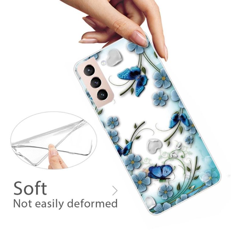 Coque Samsung Galaxy S22 5G papillons et fleurs bleus