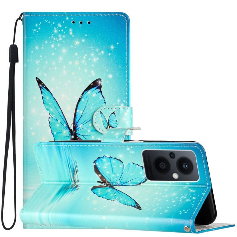 Housse Oppo Reno 8 Lite Papillons Bleus à Lanière