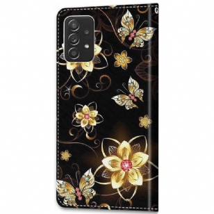 Housse Samsung Galaxy A53 5G Papillons et fleurs dorées