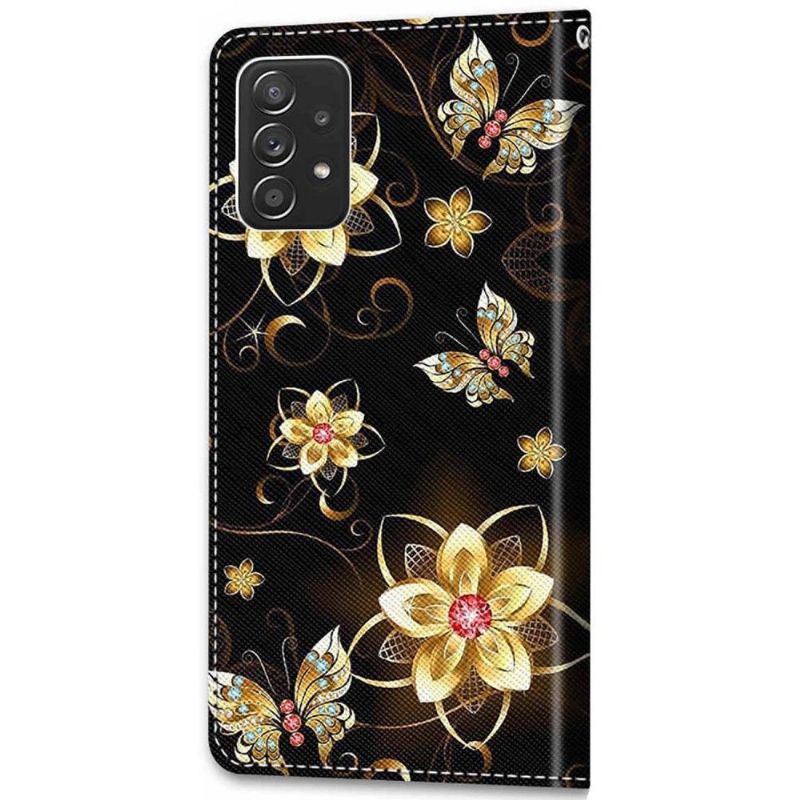 Housse Samsung Galaxy A53 5G Papillons et fleurs dorées