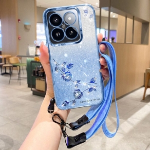 Coque Xiaomi 14T Pro Strass et Fleurs à Lanière