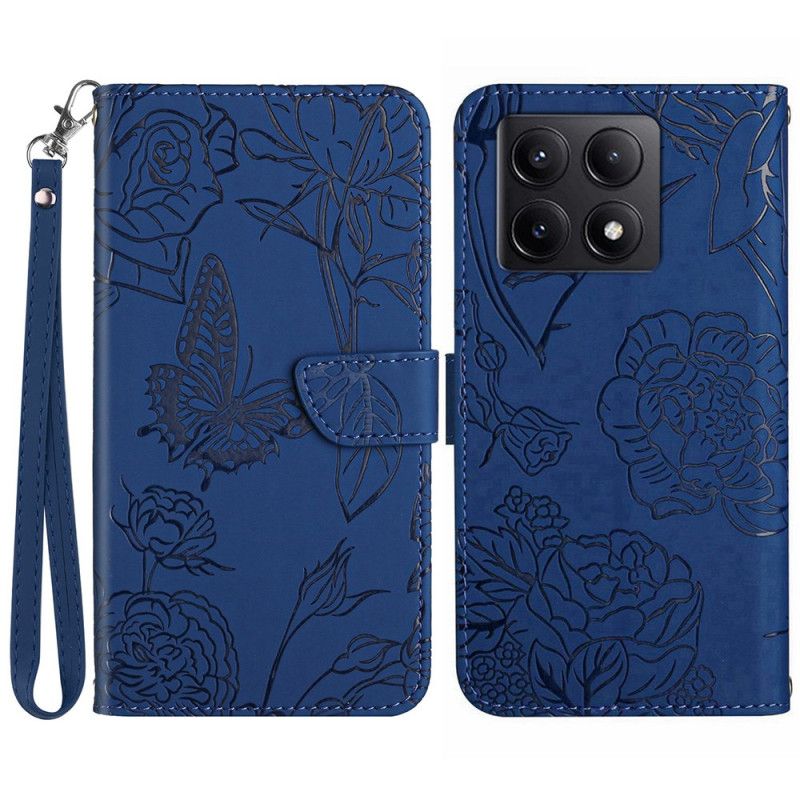 Housse Xiaomi 14T Pro Motif Papillons et Fleurs à Lanière