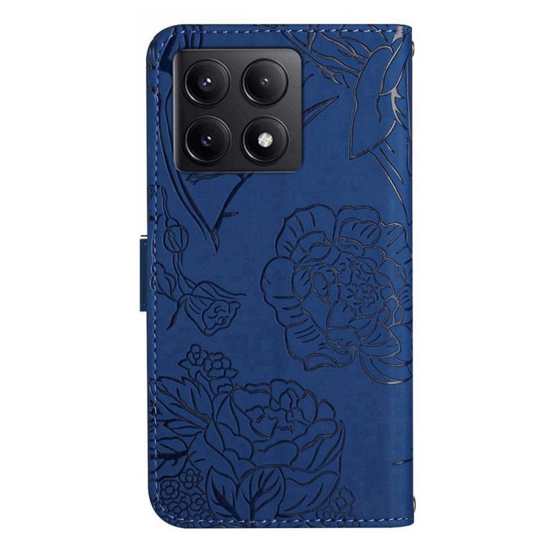 Housse Xiaomi 14T Pro Motif Papillons et Fleurs à Lanière