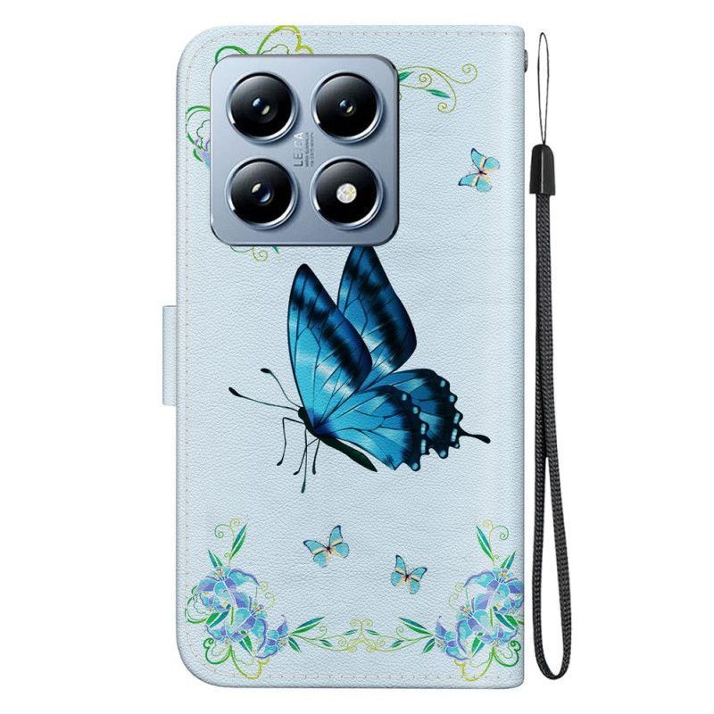 Housse Xiaomi 14T Pro Papillon Bleu et Fleurs à Lanière