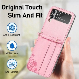 Coque Samsung Galaxy Z Flip3 5G Porte-Cartes Fleurs à Cordon