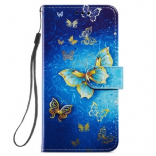 Housse Samsung Galaxy S24 5G Beaux Papillons Dorés à Lanière