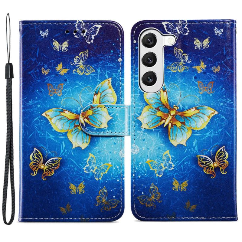 Housse Samsung Galaxy S24 5G Beaux Papillons Dorés à Lanière