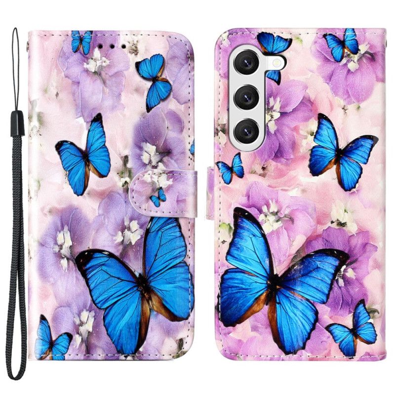 Housse Samsung Galaxy S24 5G Fleurs Violettes et Papillons à Lanière