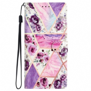 Housse Samsung Galaxy S24 5G Marbre Fleurs Violettes à Lanière