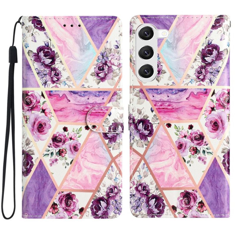 Housse Samsung Galaxy S24 5G Marbre Fleurs Violettes à Lanière