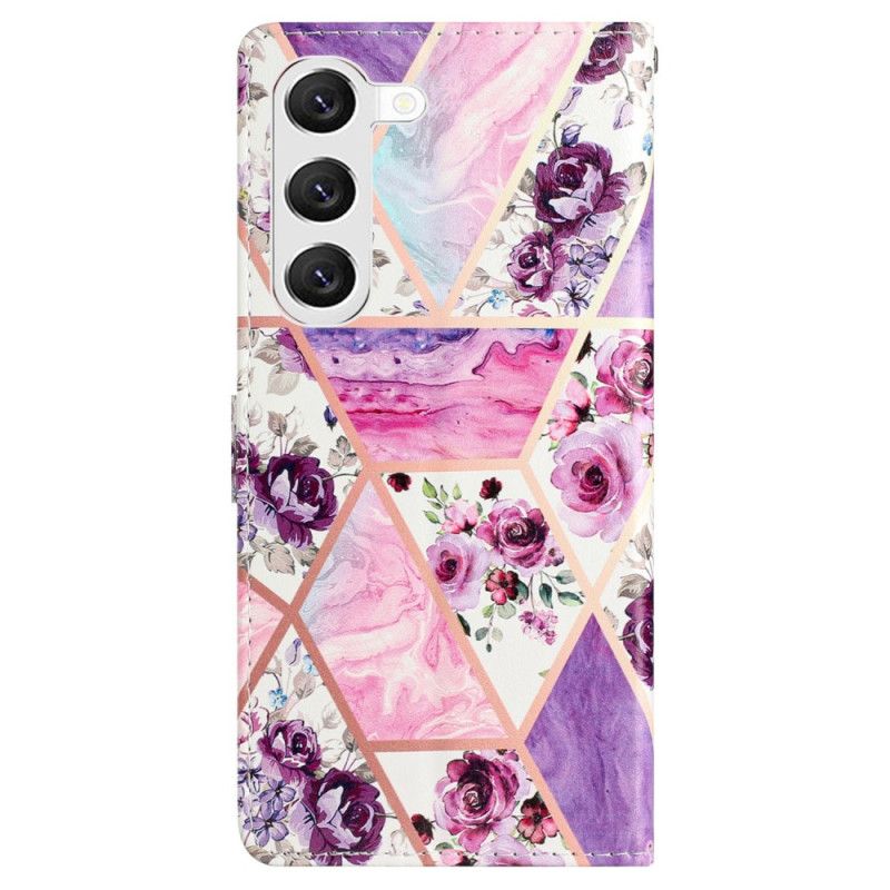 Housse Samsung Galaxy S24 5G Marbre Fleurs Violettes à Lanière