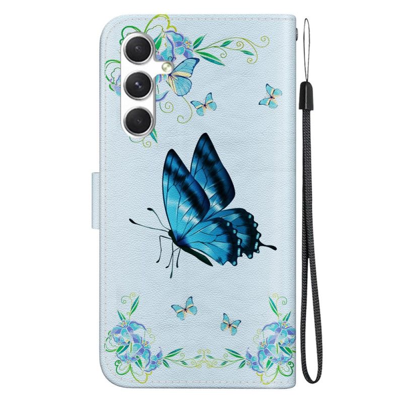 Housse Samsung Galaxy S24 5G Papillon Bleu et Fleurs