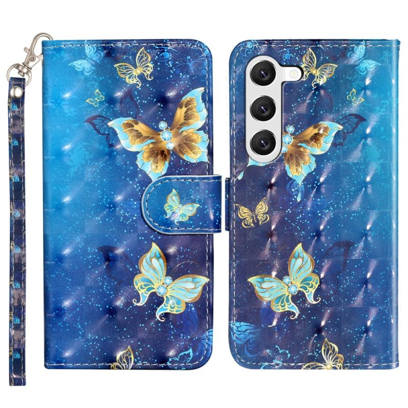 Housse Samsung Galaxy S24 5G Papillons Bleus et Dorés avec Lanière